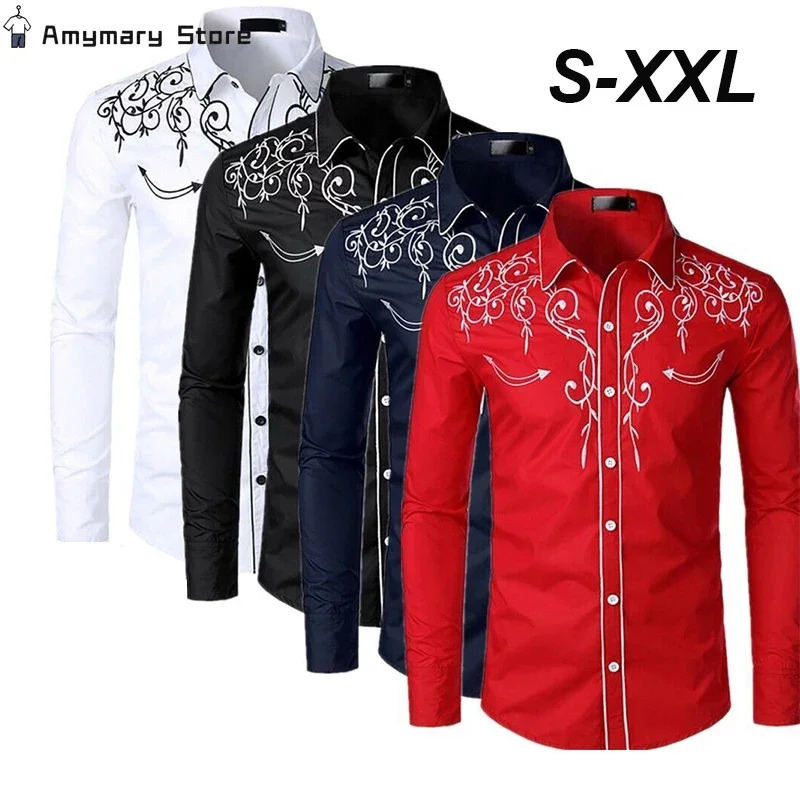 mens retro embroidered shirt Western denim long sleeved slim fit shirt Fashion casual button up party business shirt 241216