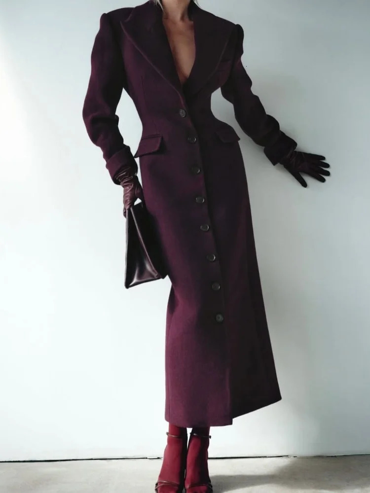 Fashion Burgundy collar high waisted long wool jacket elegant solid color full sleeved womens 241213Z