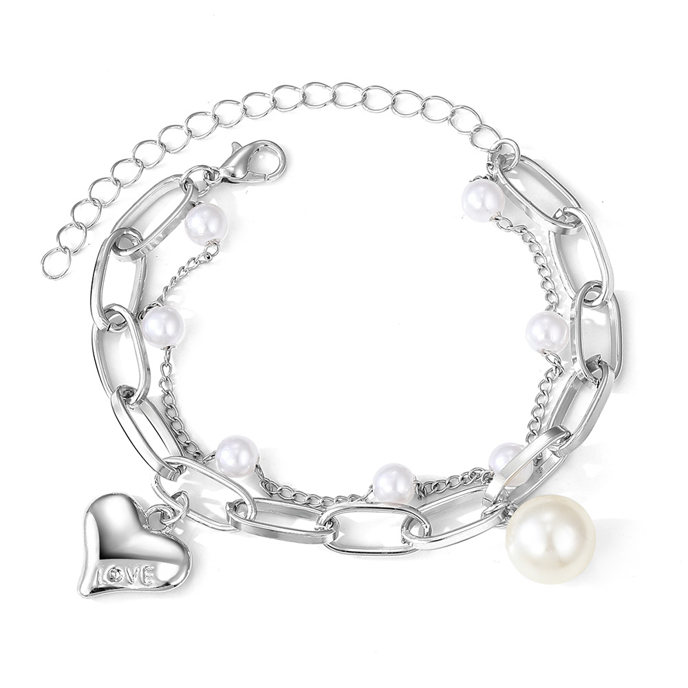 Double-Layer Charm Bracelet with Pearl Heart Pendant for Women - Trendy Fashion Jewelry Y2K 2025 Stainless Steel Gold Plated Hiphop Star Pearl Lover B