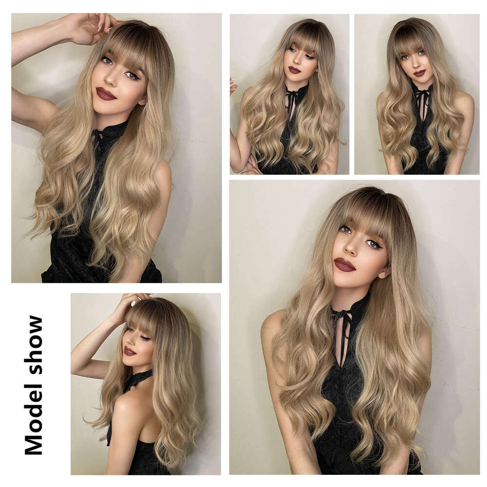 Brown Headband Gradient Color Wig Long Curly Hair Fashionable Layering With Bangs Wigs Kq9 Kq9