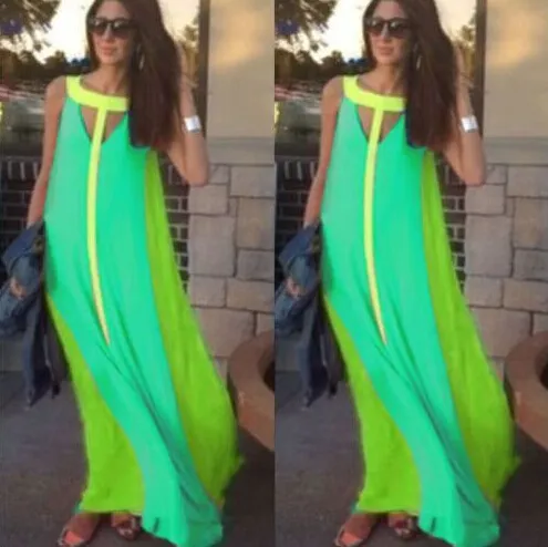 Fashion Summer Boho Maxi Dresses Bright Color Patchwork Casual Dresses Sleeveless Sundress