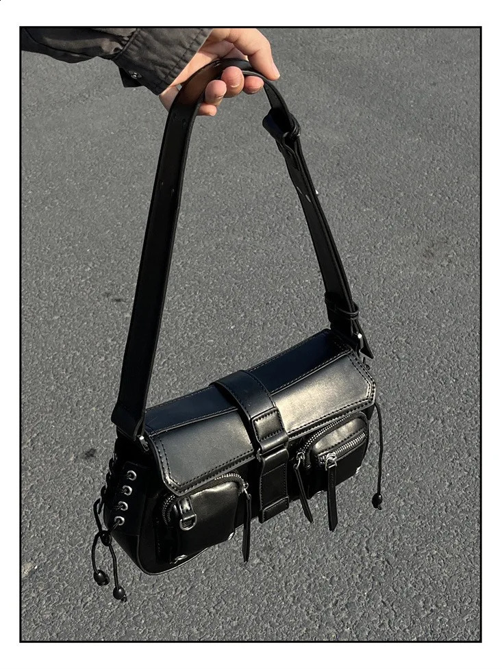 Vintage Pu Leather Black Womens Shoulder Bags Fashion Ladies Gothic Underarm Bag Y2k Cool Girls Female Tote Handbags 241216