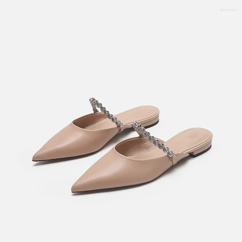 Slippers Delicate Leather Rhie Belt Sandals Woman Pointed Toe Flat Low Heels Mules Ladies Casual Slides Home Outside Shoes