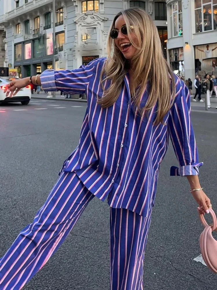 ZBZA Womens Oversized Striped Shirt Pants Suit Lapel Long Sleeves Top High Elastic Waist Pockets Straight Leg Pants Female Set 241217