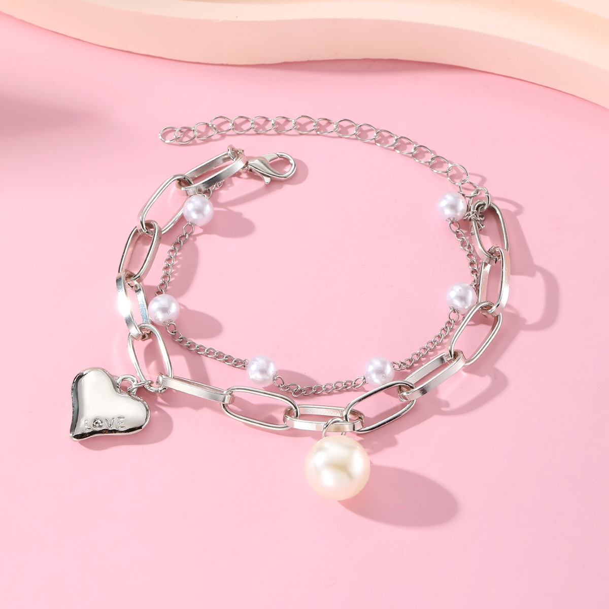 Double-Layer Charm Bracelet with Pearl Heart Pendant for Women - Trendy Fashion Jewelry Y2K 2025 Stainless Steel Gold Plated Hiphop Star Pearl Lover B