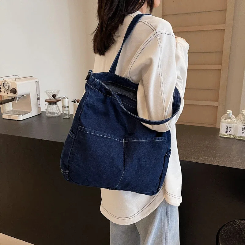 Zipper Denim Sewing Thread Shoulder Bags Versatile Autumn Retro Commute Fashion Simple Womens Crossbody Bags 241216