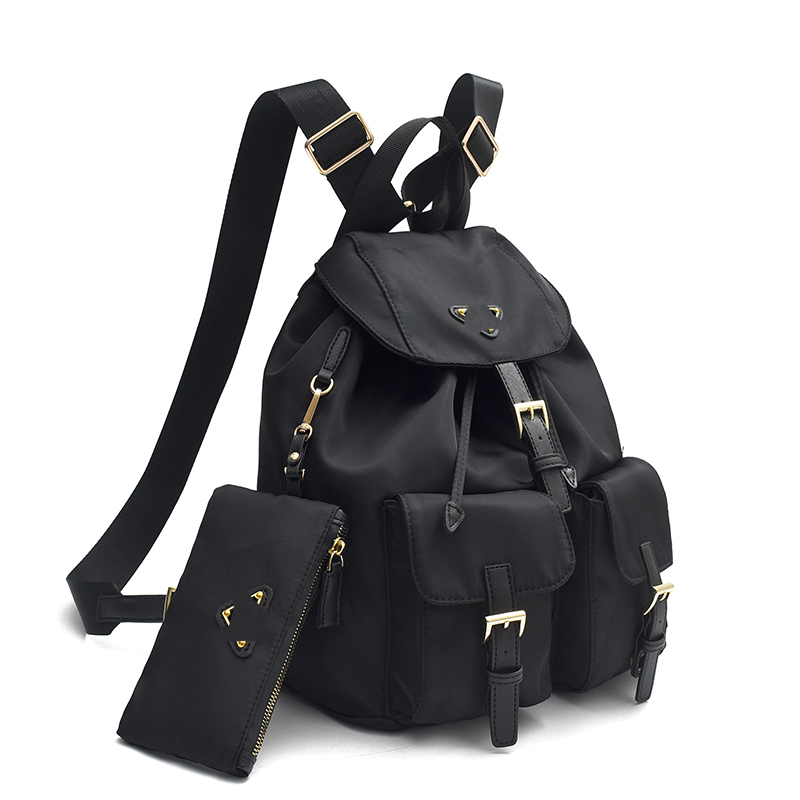 Designer Re-Nylon Backpack for Women, Fashion Cover Daypack Rucksack with Clutch Bag Black Color YaLi05