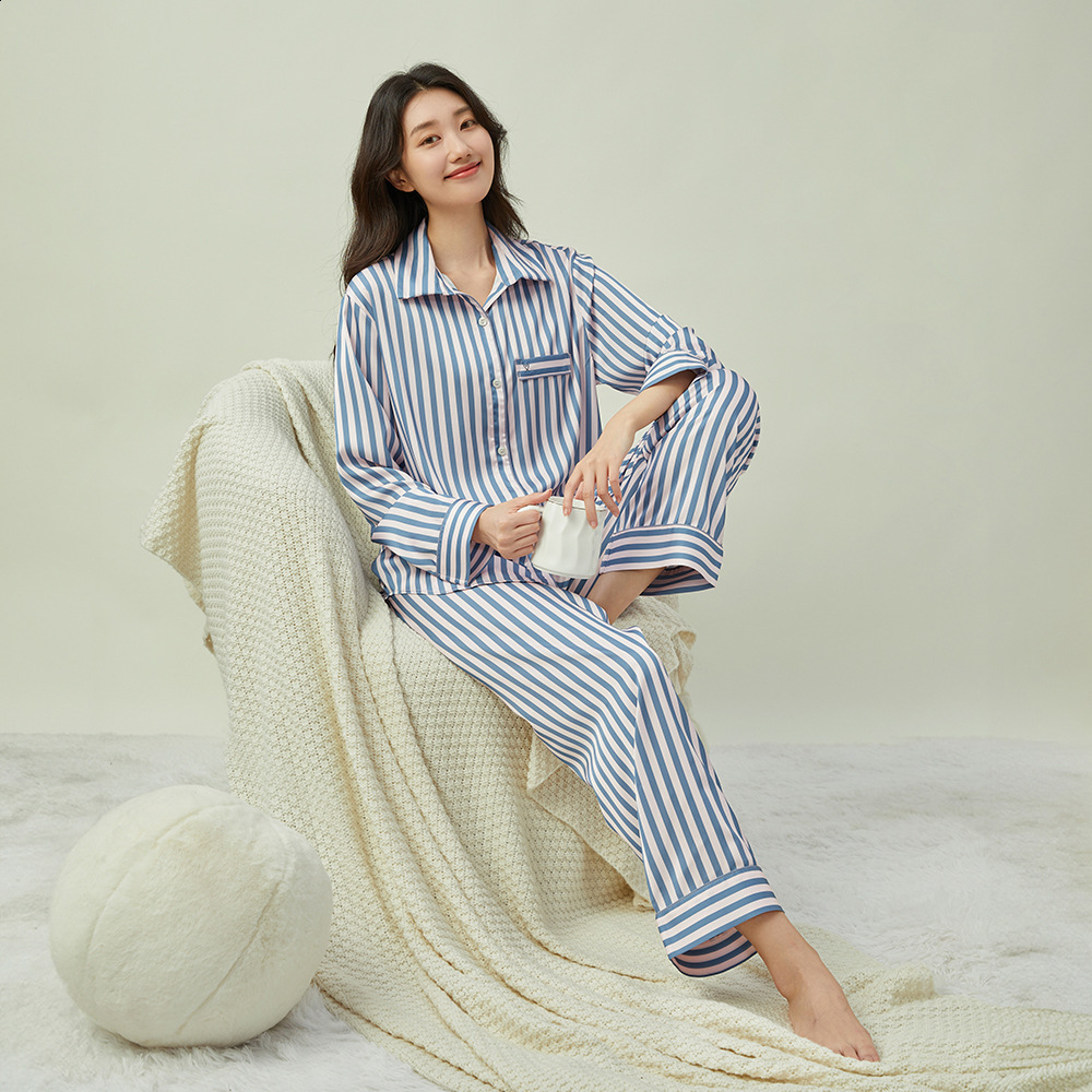 Autumn 2 Pieces Faux Silk Striped Pyjama Women's Pamas Sleepwear Sets Spring Summer Homewear 220321
