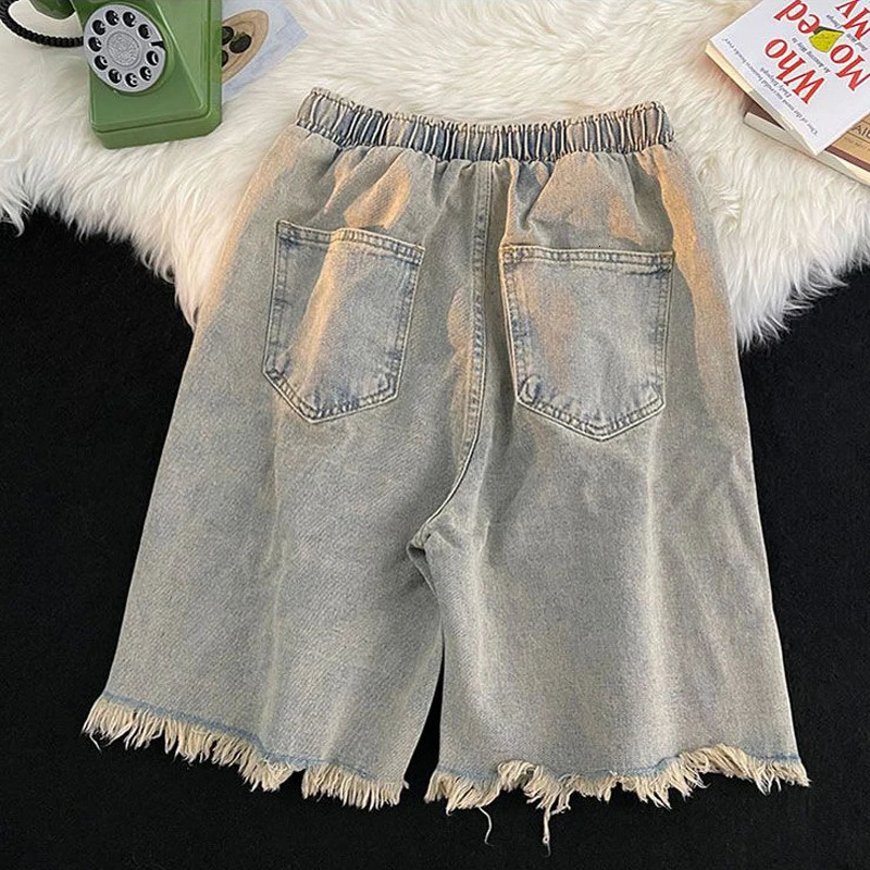 Mens fashion retro casual streetwear Y2K hole jeans shorts 2024 summer youth Harajuku pocket loose straight denim 241211