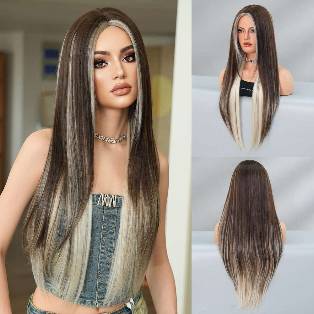 New Asian Style Dyed Brown Straight Fashionable Girls' Mid Length Long Hair High-Quality Synthetic Wig Headband Kq9 Kq9