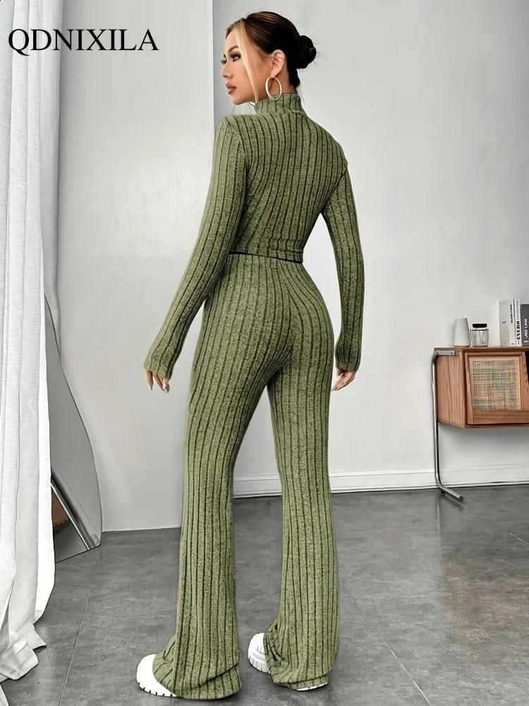 Elegant Womens Set Autumn High Waist Casual Knitted Pants Set Korean Fashion Turtle Neck Pulling Flower 2-piece Set Womens Set 241217