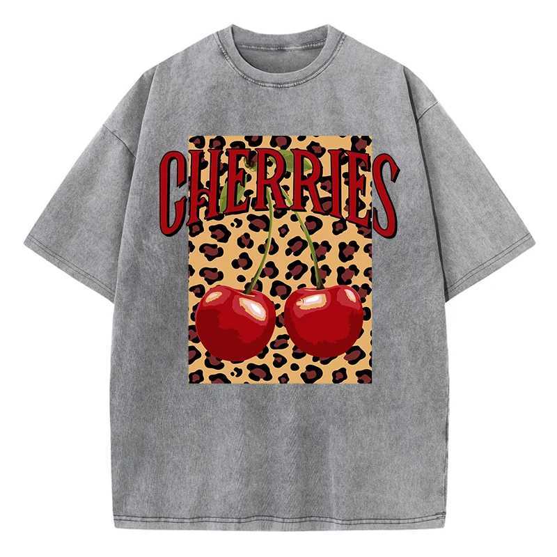Women's T-Shirt Casual Womans Acid Wash T-Shirts Fashion Leopard And Cherry Prints Tops Distressed Crewneck Oversize Cotton Ts Trend Clothes Y241