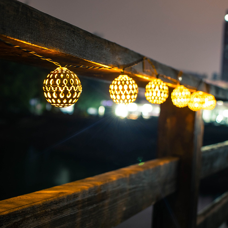 LED Solar Moroccan Globe Light String with Ironwork Metal Holes for Outdoor Garden Decoration