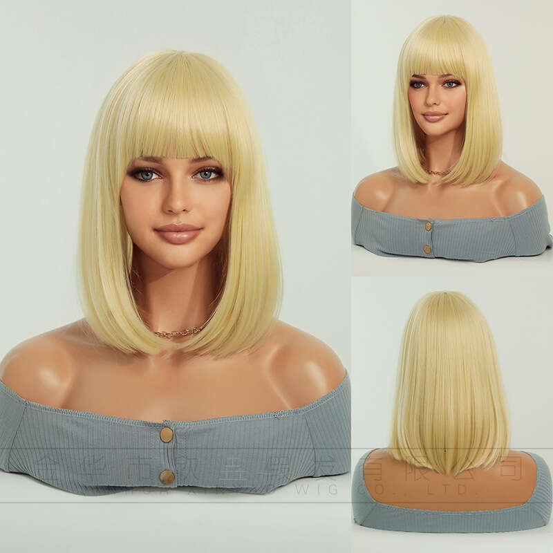 Women's Golden Short Hair Straight Wave Head Halloween Cosplay Blonde Bob Wig Kq9 Kq9