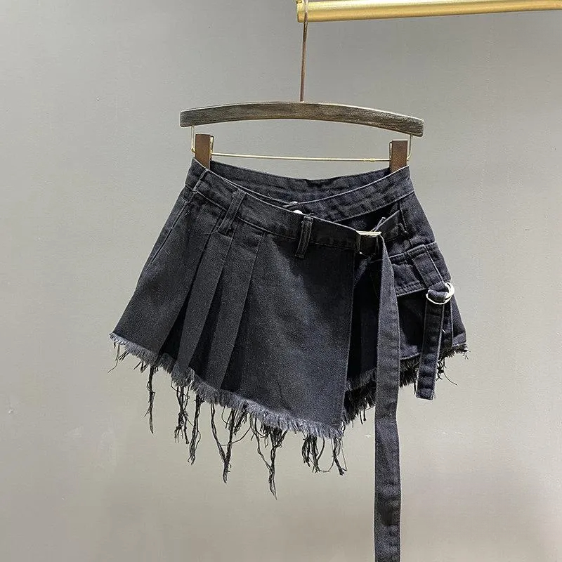 Irregular Pink Denim Skirt Women's Summer High Waist Slimming False Two-Piece A- Line Short Mini Skirt
