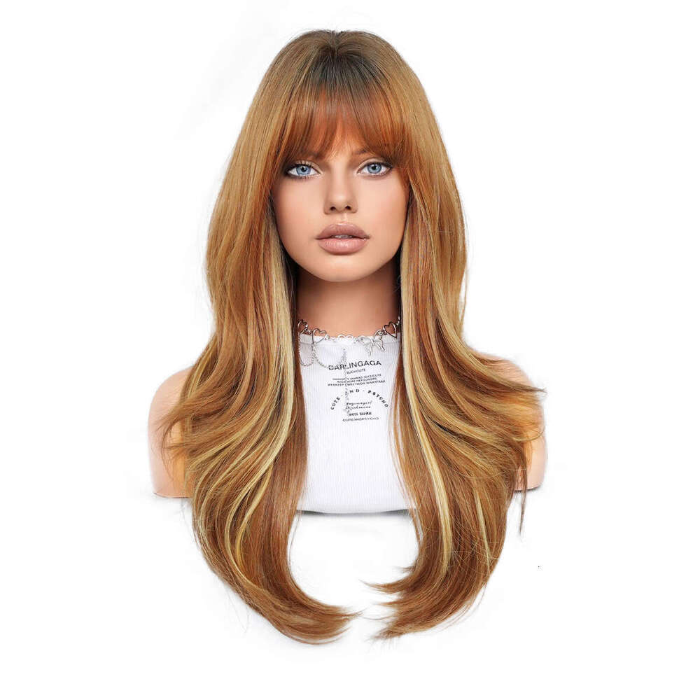 Wig Women's Full Head Set, Green Brown, Dyed Gold, Bangs, Long Curly Hair Nism, Synthetic Wig Kq9 Kq9