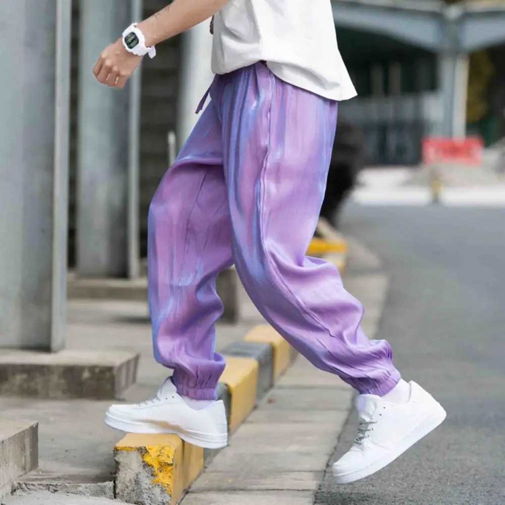 High Quality Ice Silk Men Sweatpants Hip Hop Bright Surface Colored Haren Pants Loose Trousers Spring Drawstring Elastic Waist Cargo Pants T241217