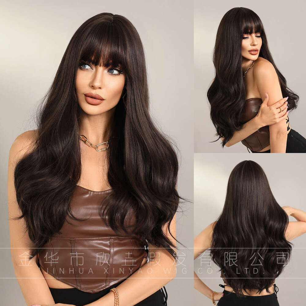 Female Long Hair Full Head Set With Brown Black Bangs, Large Waves, Natural Breathability, Fluffy Synthetic Wig Kq9 Kq9