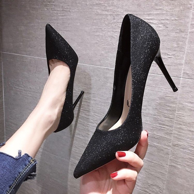 Women Dress Shoes High Heel Pointed Toe Slim Sequin Fashion French Sexy Plus Size Triple Black Gold Silver Free shipping
