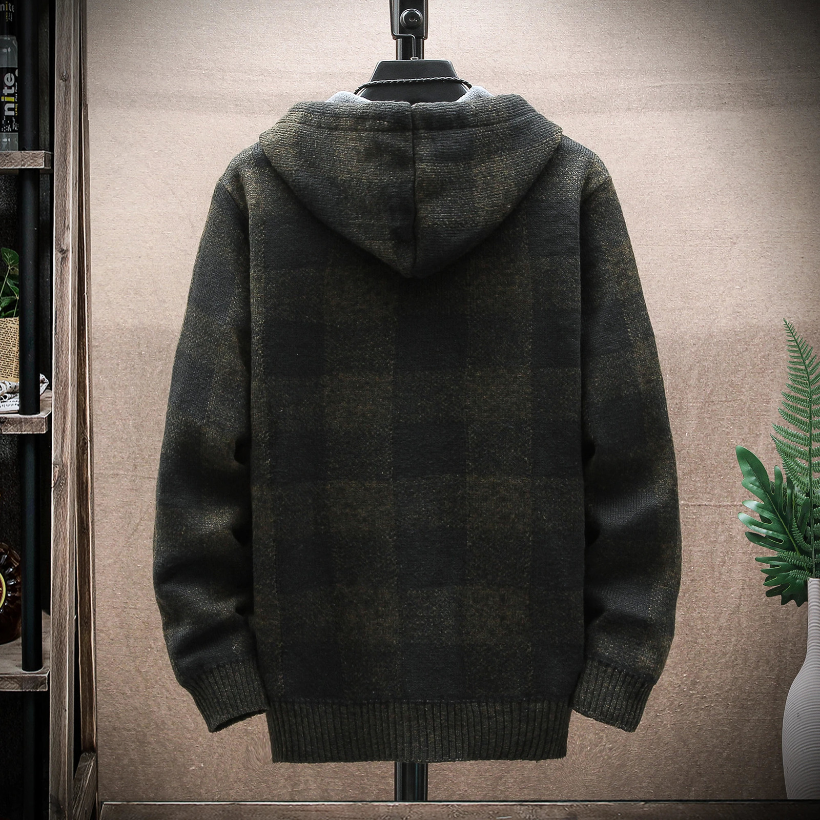 Mens Winter Plaid Sweater Hooded Cardigan Cold Coat Wool Zipper Jacket Autumn Fleece Warm Clothes Checkered Knit Jumper 241217