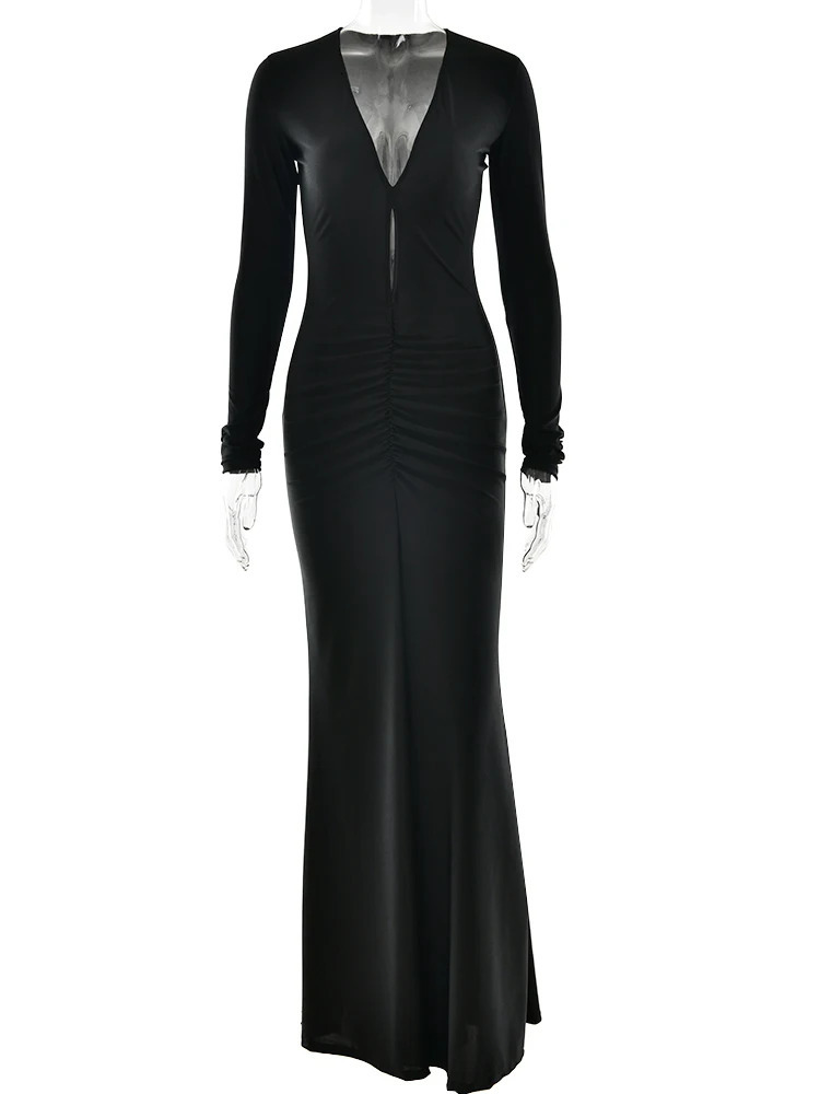 JULISSA MO Sexy Hollow Out Ruched Maxi Dress For Women Green Long Sleeve V-neck Evening Dress Female Elegant Party Club Dresses 241216