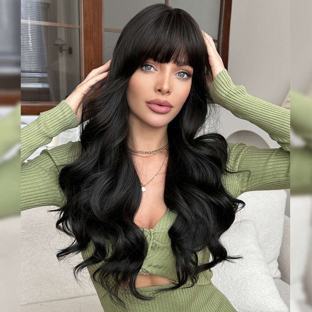 Female Natural Black Long Curly Hair With Big Waves And Bangs, Full Head Set, Synthetic Wig Kq9 Kq9