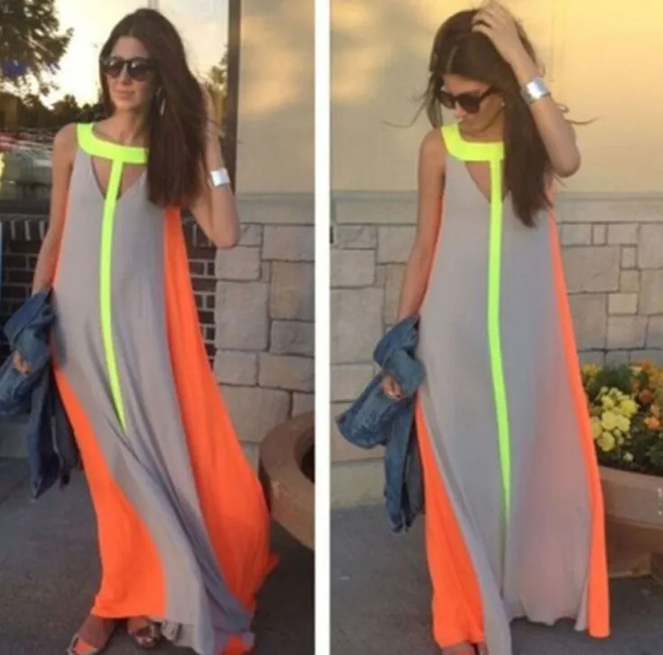 Fashion Summer Boho Maxi Dresses Bright Color Patchwork Casual Dresses Sleeveless Sundress