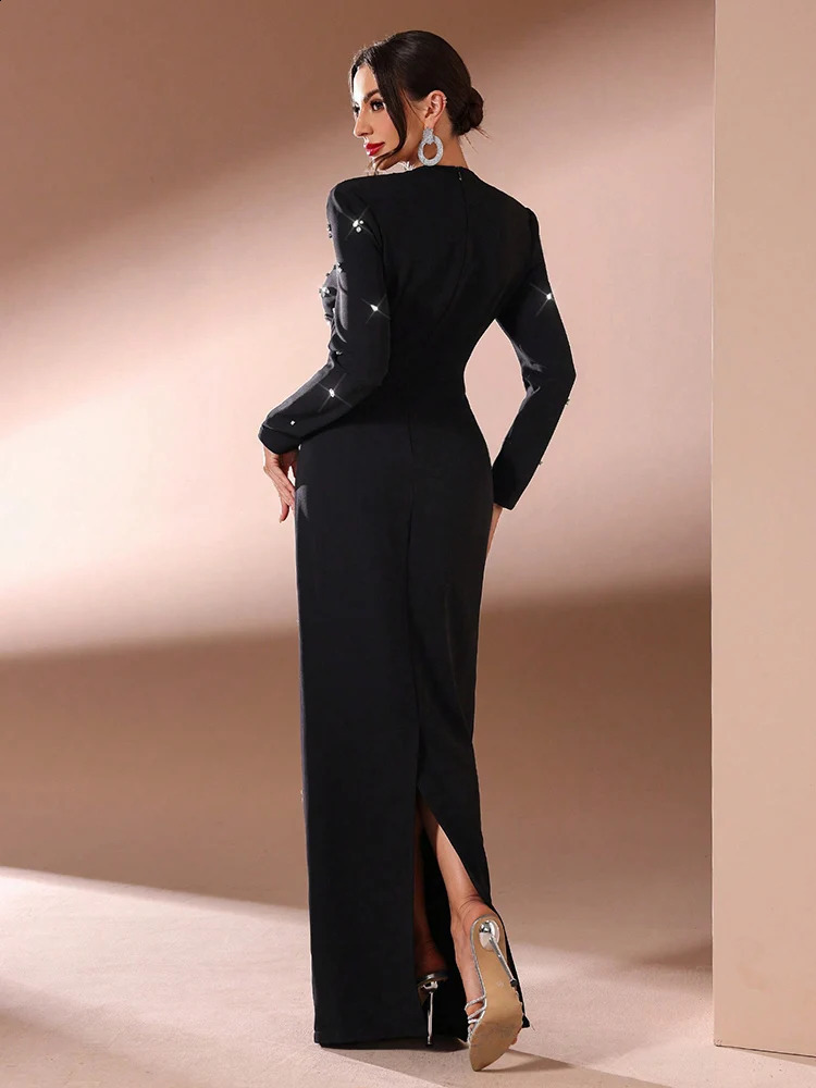 TOLEEN Women Solid Color Rhinestone Decorated Casual Long Sleeve Dress 2024 Elegant Formal Party Evening Maxi Dresses 241216