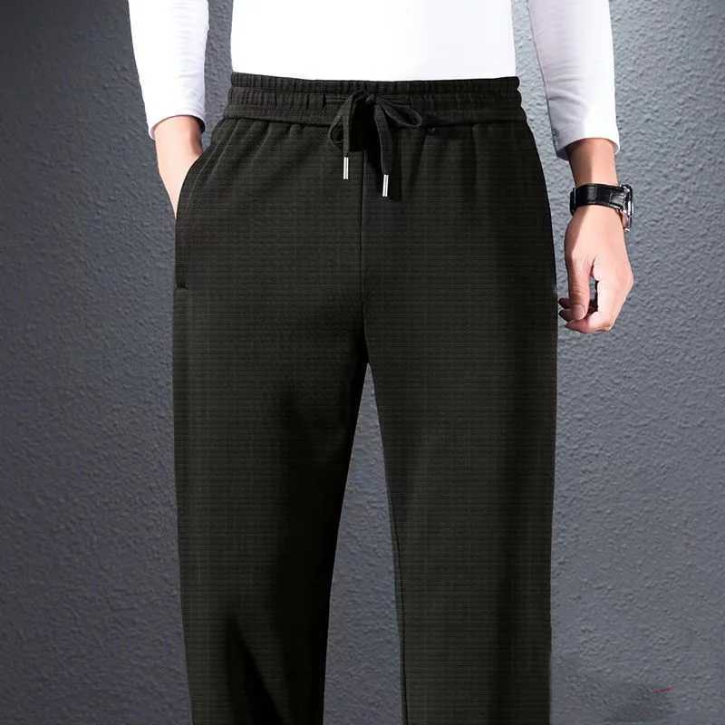 High Quality Autumn New Straight Waffle Pants Mens Elastic Waist Drawstring Print Plaid Pockets Korean Loose Sports Casual Trousers T241217