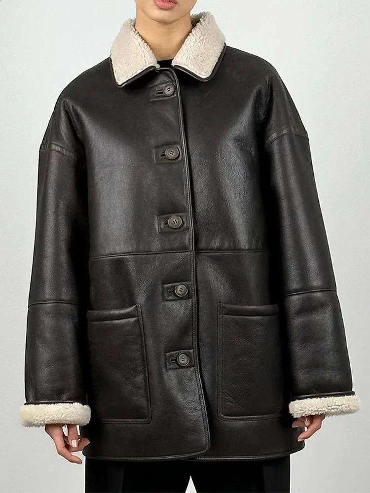 fashion Black White Patchwork Fur Splicing Leather Coats Women vintage Oversize Thicken Warm Jackets Lady Winter Streetwear 241217