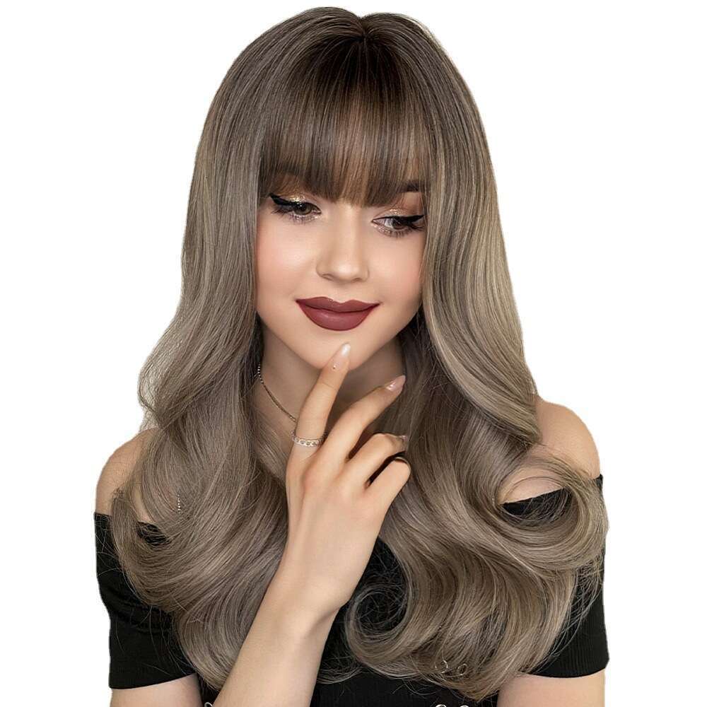 Order Women's Long Curly Hair With Bangs, 58Cm Beige Gray Dyed Fiber Wig, Full Top 22Inch Kq9 Kq9
