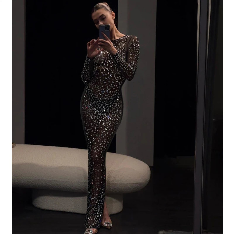 Glitter Rhinestones Maxi Dress for Women Mesh See-Through Split Long Sparkly Curvy Dresses Shinny Evening Party Stage Special 241216