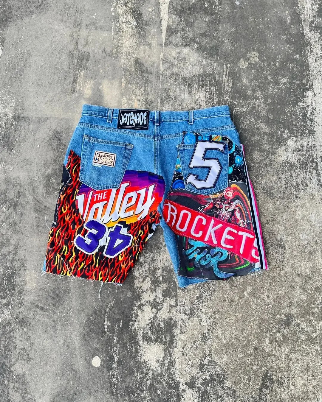 Retro hip-hop applique shorts Y2K jeans Harajuku Gothic cartoon graphic retro blue pocket denim fitness shorts mens casual shorts 241216