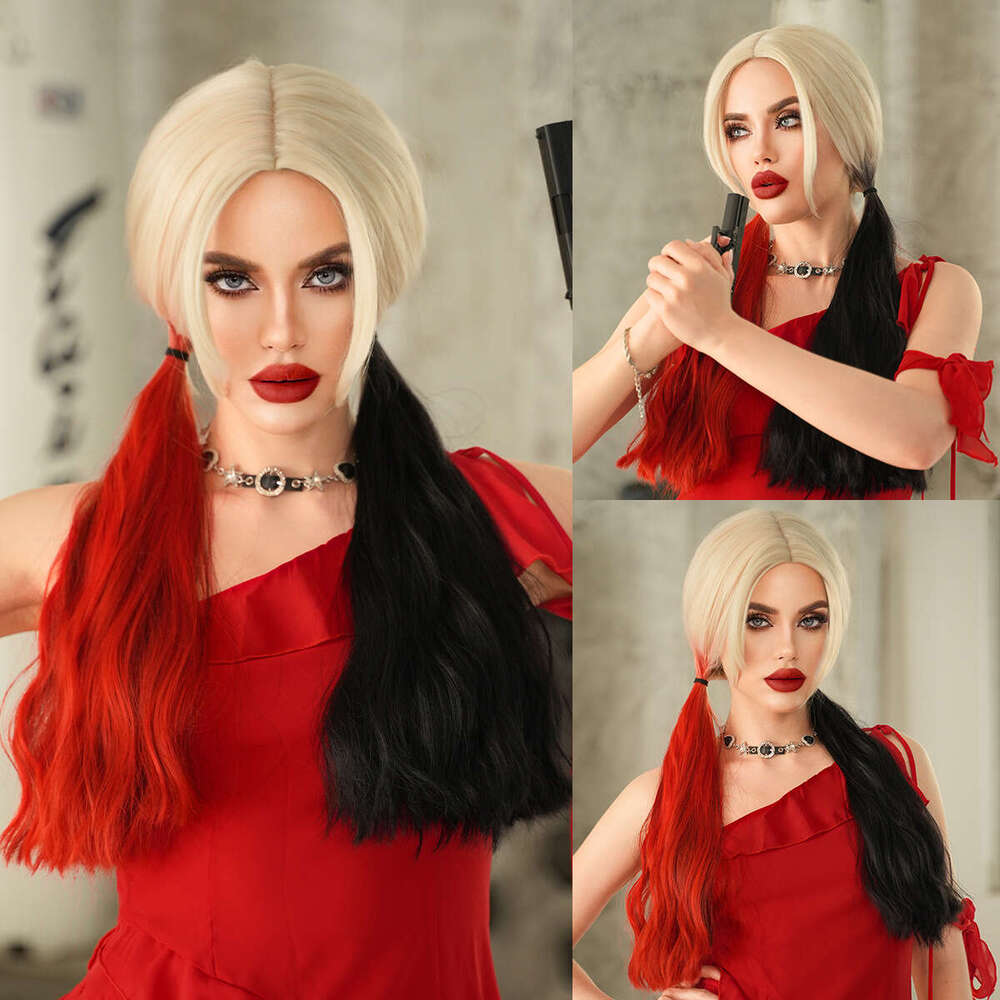 Halloween Cosplay Harley Quinn Red And Black Dyed Double Ponytail Long Curly Hair, High-Quality Street Dressing Costume Wig Kq9 Kq9