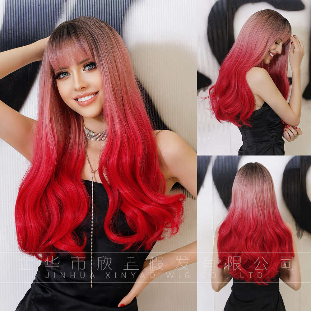 Wig, Pink Curly Hair Wig, Natural Full Head Cover, Human Fishmeal Bangs, Long Hair, Fashionable Wig Cover Kq9 Kq9