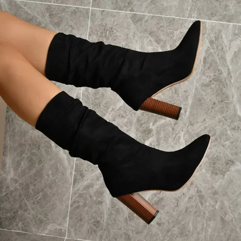 Womens Mid Calf Boots Autumn Women Heeled Shoes Black Large Size Pointed Toe Chunky Heel Comfortable Suede Boot 241216 - view 5