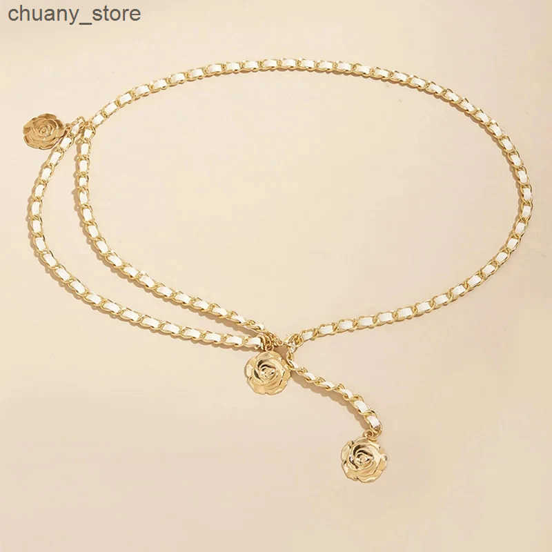 Belts High quality metal belt womens round flower pendant chain belt womens thin belt dress decoration L240910