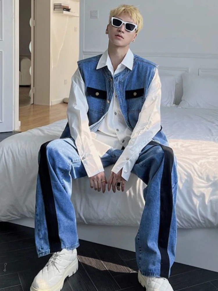 Gmiixder Jeans 2pcs Suit Men Trend Korean Handsome Casual Denim Vest Jacket High Street Jeans Two-piece SuitSingle Streetwear 241217