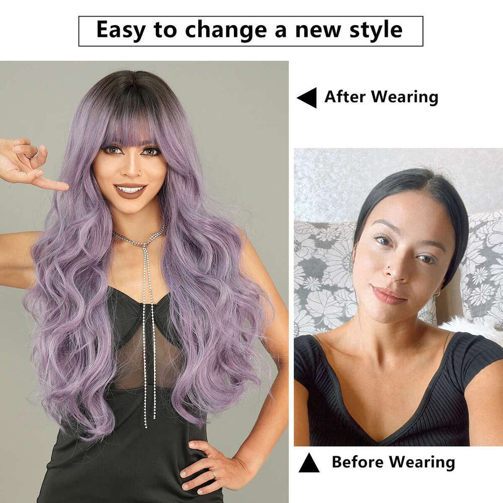 New Women's Grey Purple Long Curly Hair Top Dyed With Chemical Fiber Nism Wig Kq9 Kq9