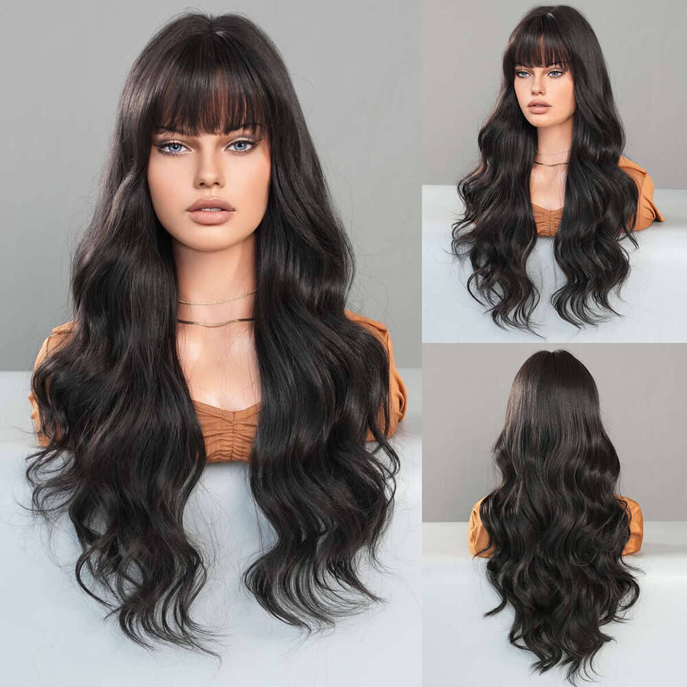 Female Natural Black Long Curly Hair With Big Waves And Bangs, Full Head Set, Synthetic Wig Kq9 Kq9