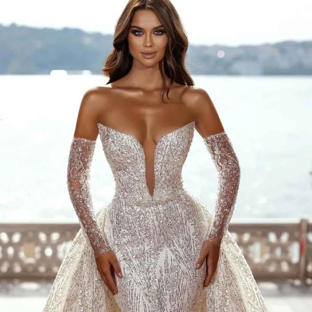 Sparkly Mermaid Wedding Dresses For Women V Neck Removable Sleeves Gown Sequins Detachable Train Customized Dress