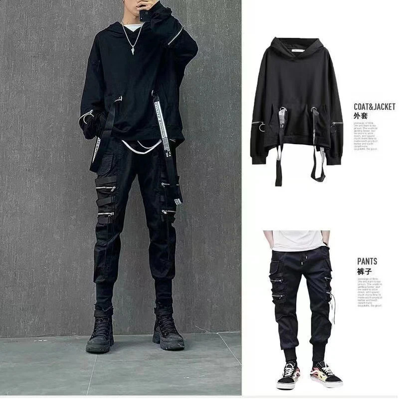 Mens Sets Black HoodiesPants Punk Graphic Zipper Hooded Sweatshirts Cargo Pant Men Oversized Loose Streetwear Suits 241217