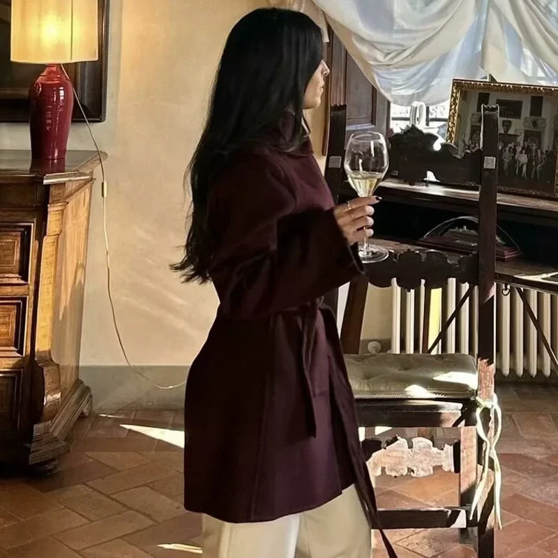 TRAF coarse tweed long coat womens Burgundy waistband sleeved wool and blend warm winter 241212Z