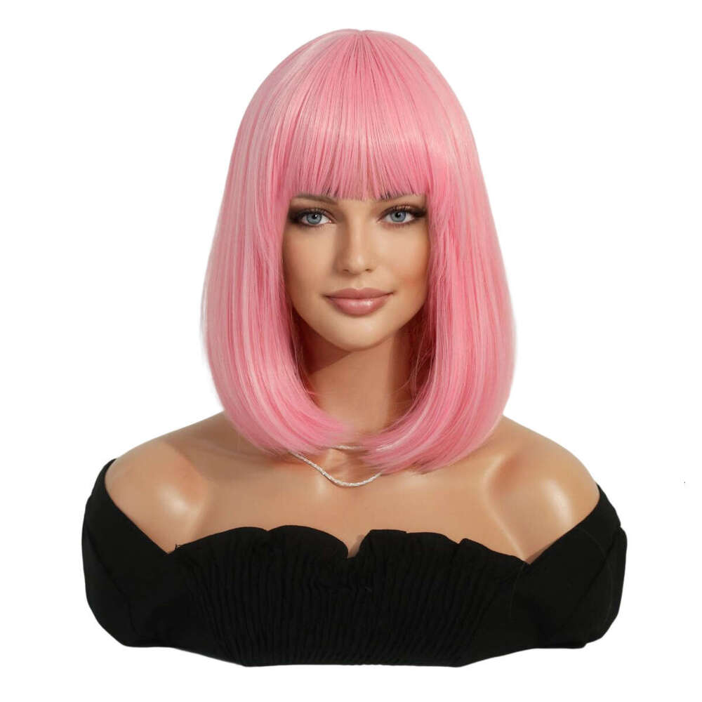 Pink 14Inch New Wig Set With Pink Bangs And Short Hair Kq9 Kq9