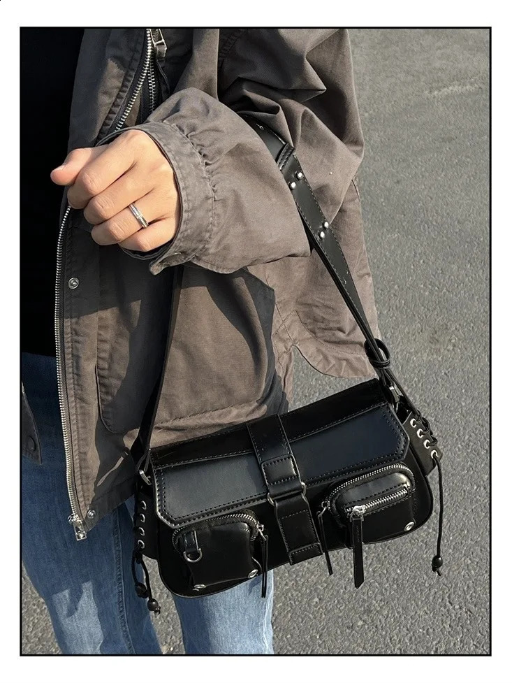 Vintage Pu Leather Black Womens Shoulder Bags Fashion Ladies Gothic Underarm Bag Y2k Cool Girls Female Tote Handbags 241216