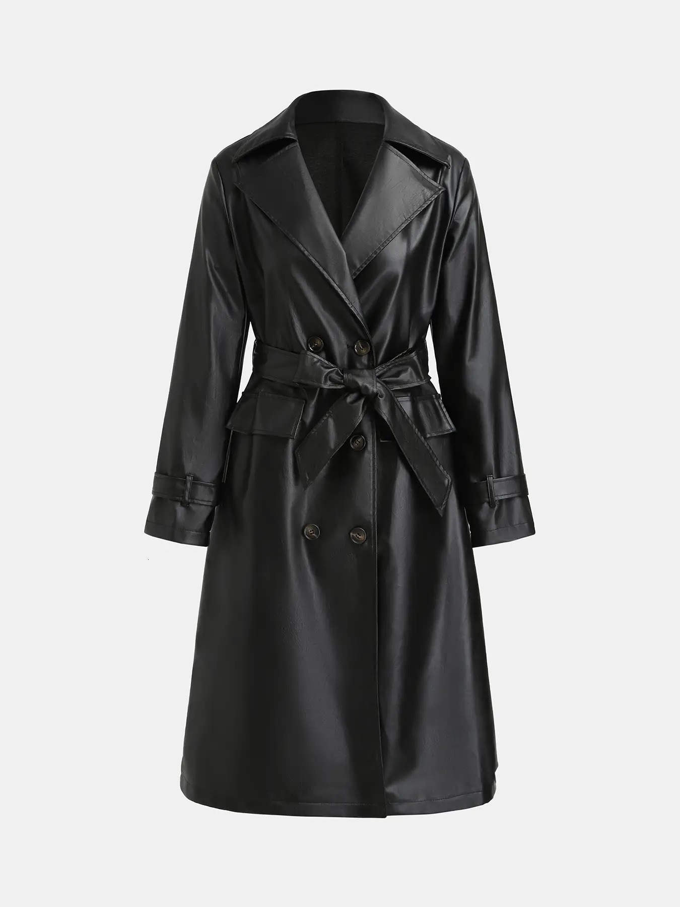 Autumn And Winter Long Women's Fashionable Ladies Double-Breasted Buckle Belt Leather Trench Coat Jacket