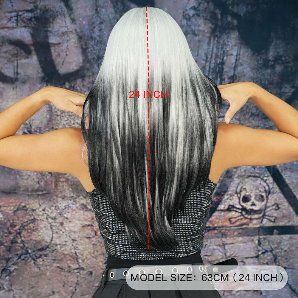 Ladies' Party Siamese Cat Sier White Gradient Black Long Straight High Level Wig Full Headset Kq9 Kq9