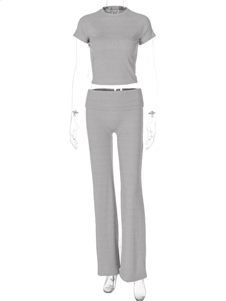 Hugcitar Summer 2-piece Co Ord Set Solid Short Sleeve Sexy Crop Top Womens Casual Set Gym Exercise Party Y2K 241217