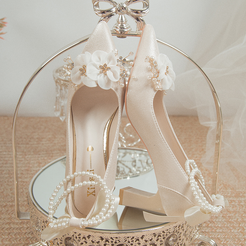 Elegant Wers High Heels Pumps Women 2024 New Pearl Ankle Strap Wedding Woman String Bead Small Square Heel Bridal Shoes