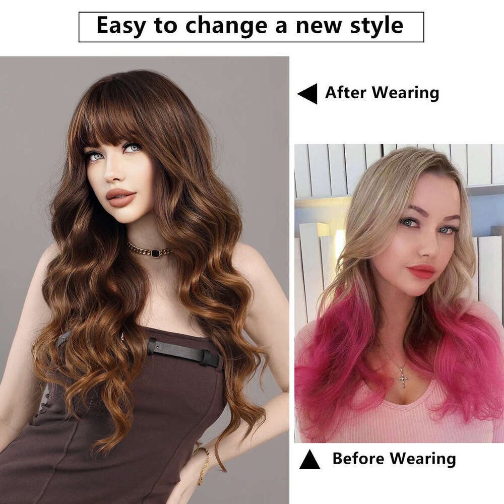 Female Wig With Full Head, Bangs, Gold Brown Gradient Long Curly Hair, Korean Style Big Wave, Highlight Wigs Kq9 Kq9